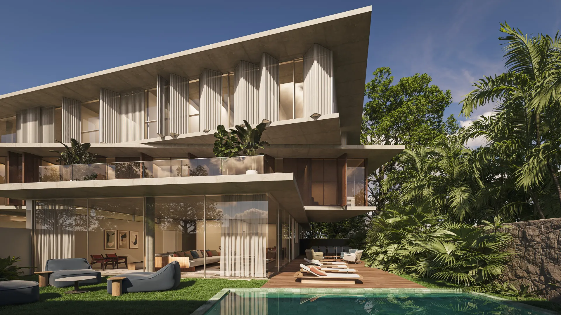Renderização 3D de casa de alto padrão com piscina, deck e fachada em brise de concreto