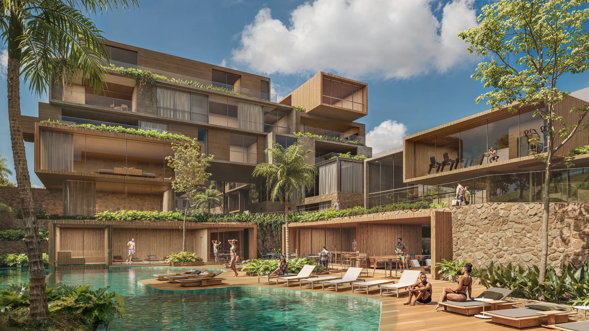 Renderização 3D de condomínio com piscina, deck de madeira e edifícios em diferentes volumetrias