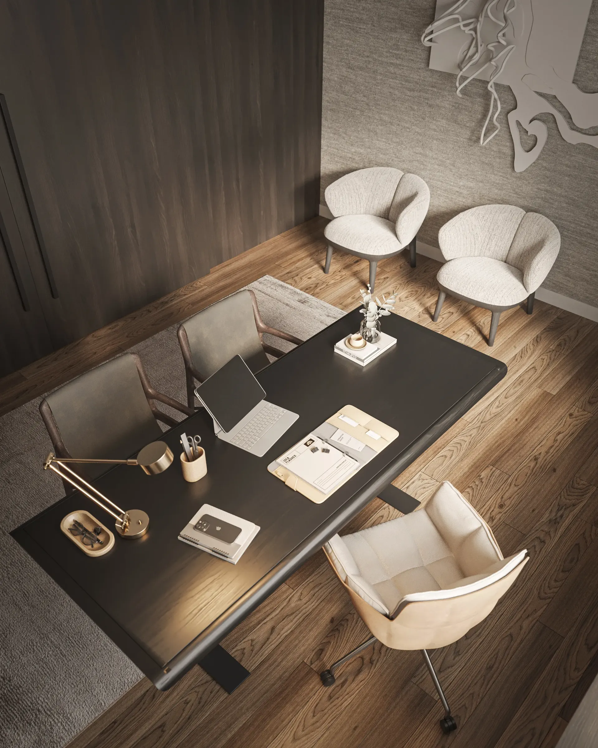 Renderização 3D de escritório executivo visto de cima, com mesa de reunião, poltronas estofadas e piso de madeira