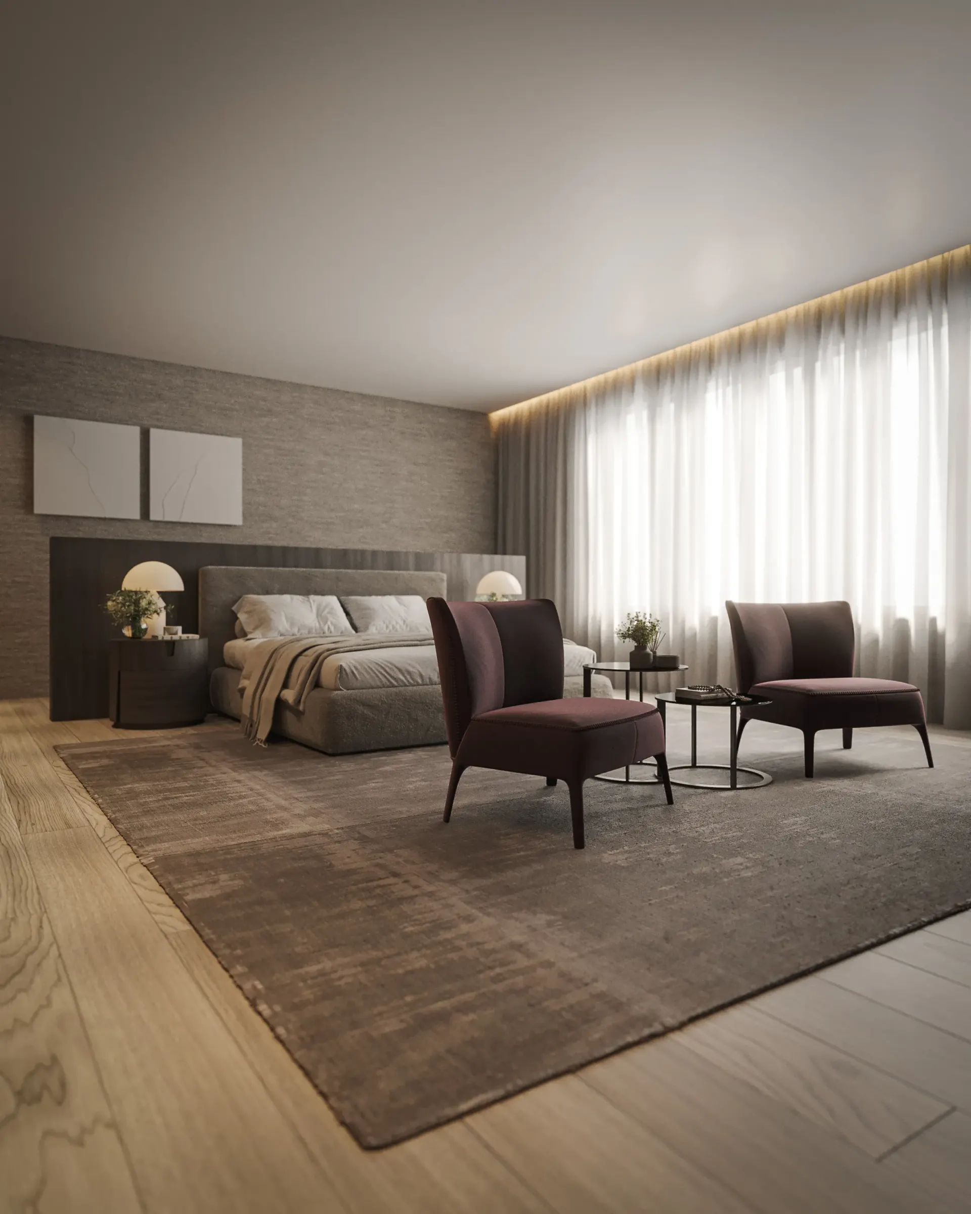 Renderização 3D de suíte master com poltronas em veludo bordô, tapete texturizado e cortinas translúcidas