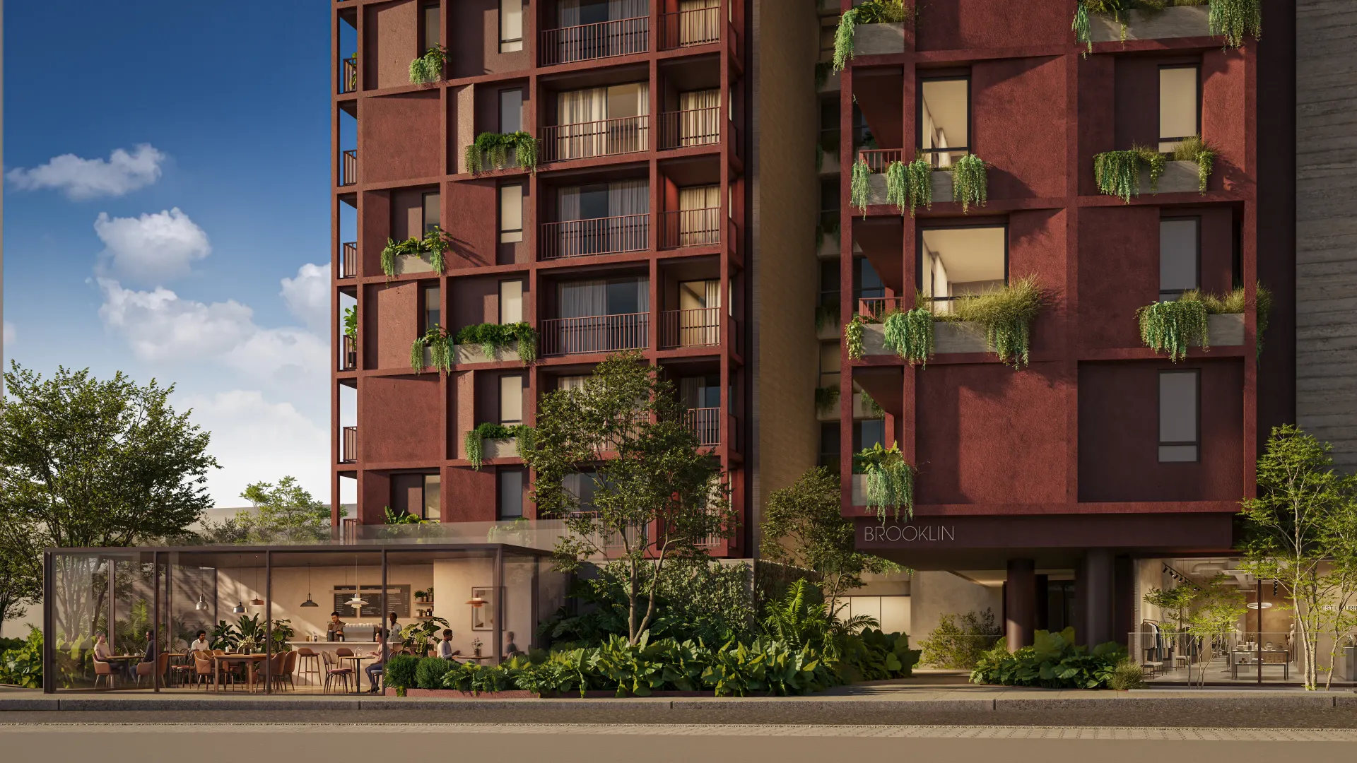 Renderização 3D de fachada residencial em tijolo com jardineiras nas varandas e térreo comercial