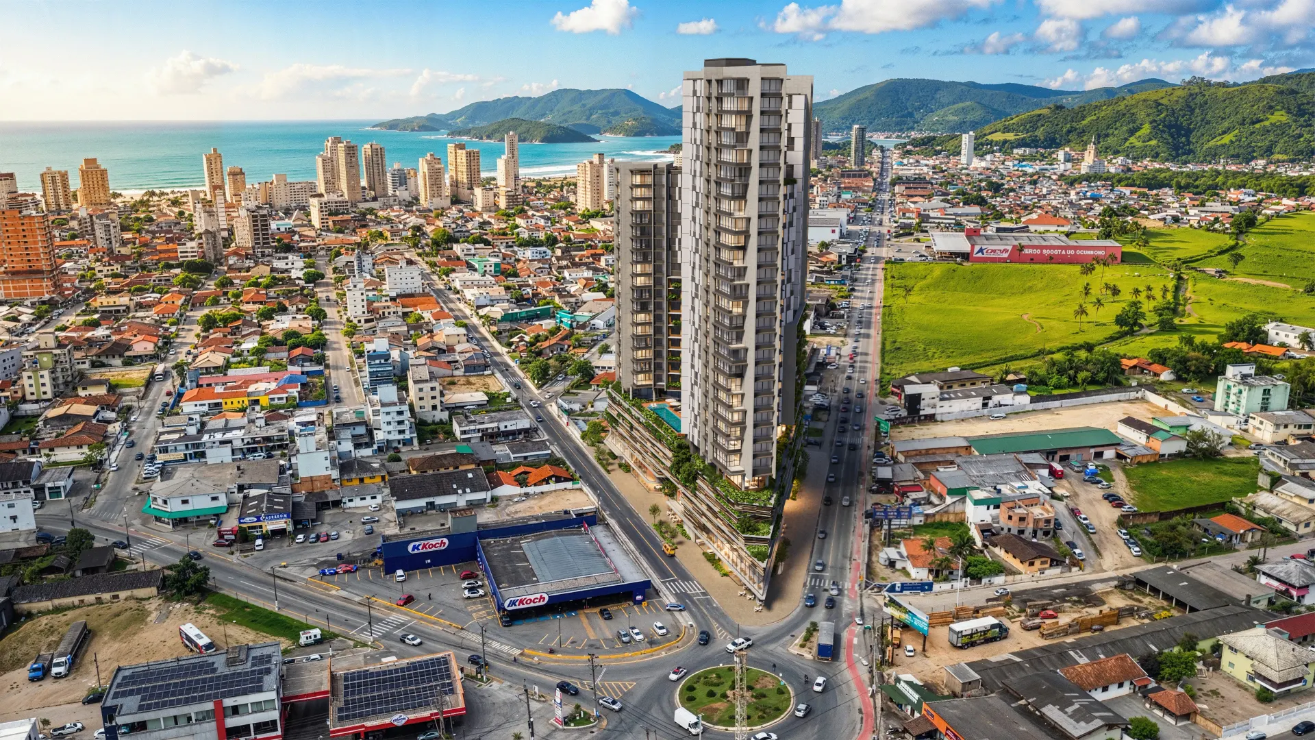Vista aérea de torre residencial em região litorânea com praia, mar e malha urbana ao redor
