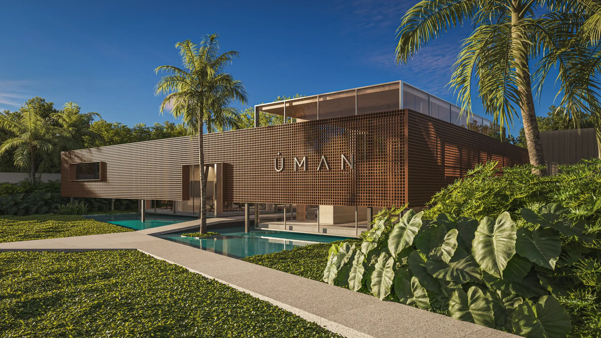 Renderização 3D de fachada Uman com piscina espelhada, palmeiras e jardim tropical