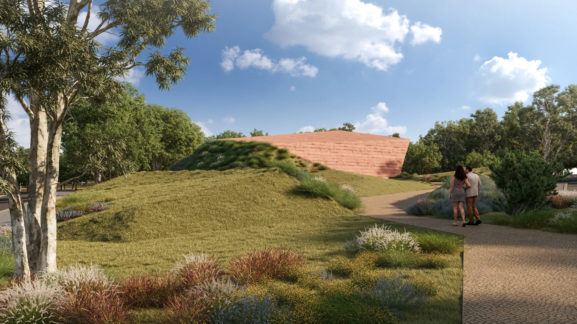 Renderização 3D de jardim paisagístico com colina, gramado e casal caminhando por trilha pavimentada