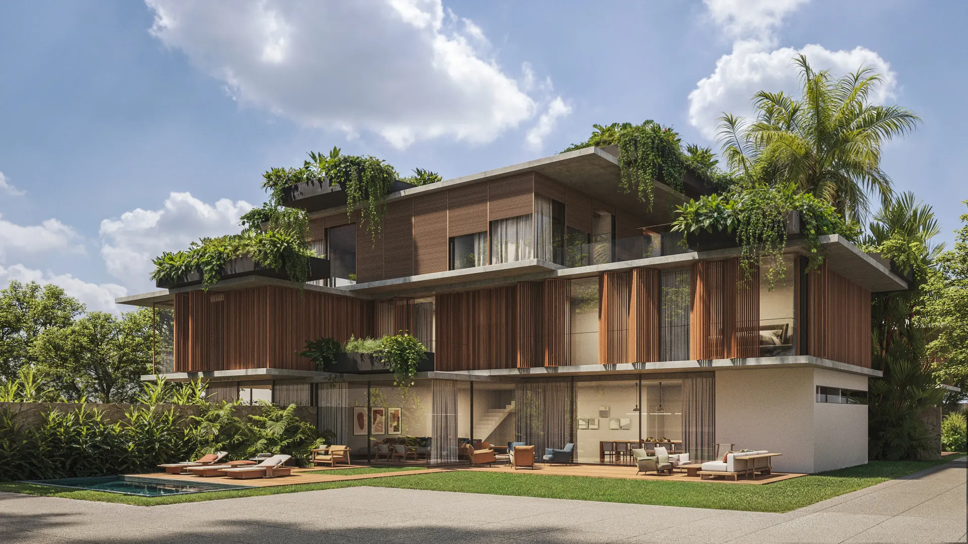 Renderização 3D de residência com cobertura verde, revestimento em madeira e jardim frontal